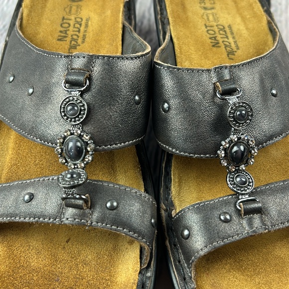 NAOT Deep Metallic Pewter Leather Jeweled Open Toe Slip On Low Wedge Sandals - Picture 14 of 17